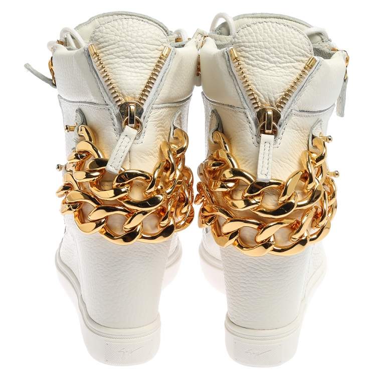 Pre Owned Giuseppe Zanotti White Leather Chain Detail High Top Wedge Sneakers Size 41