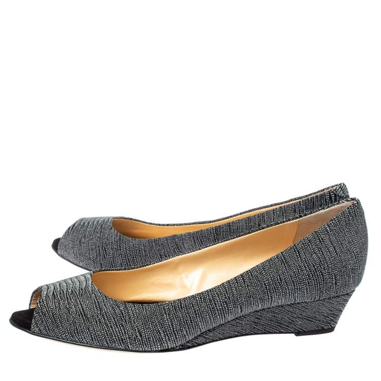 Pre Owned Giuseppe Zanotti Metallic Grey Glitter Fabric Wedge Peep Toe Pumps Size 41