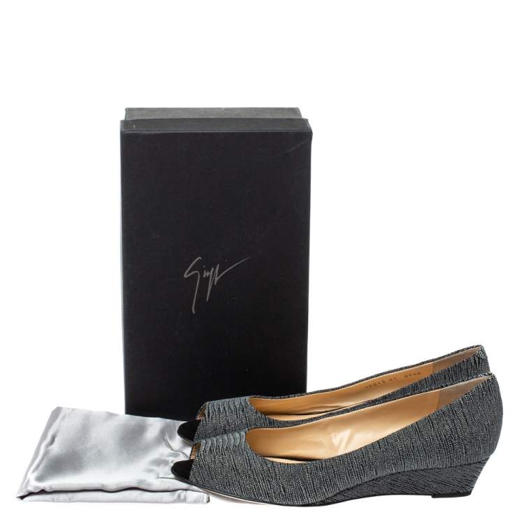 Pre Owned Giuseppe Zanotti Metallic Grey Glitter Fabric Wedge Peep Toe Pumps Size 41