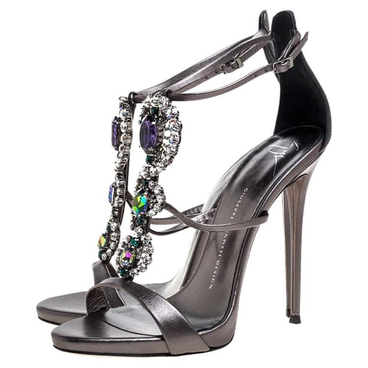 Pre Owned Giuseppe Zanotti Metallic Grey Crystal Embellished Strappy Sandals Size 40