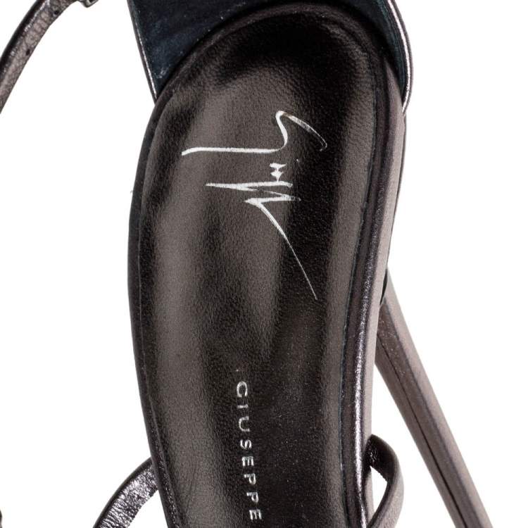 Pre Owned Giuseppe Zanotti Metallic Grey Crystal Embellished Strappy Sandals Size 40