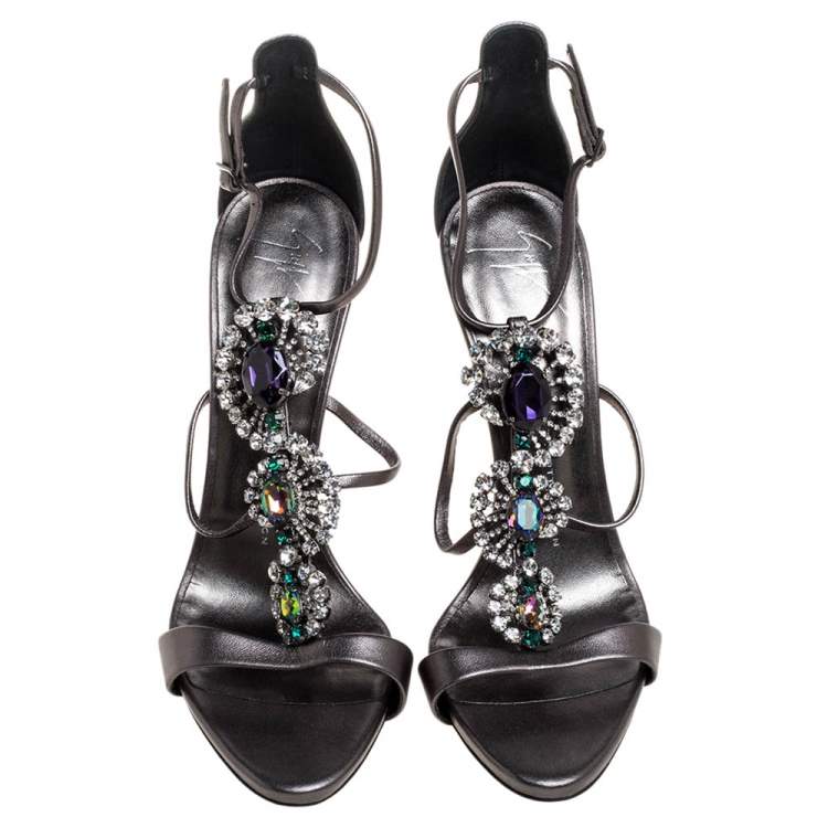 Pre Owned Giuseppe Zanotti Metallic Grey Crystal Embellished Strappy Sandals Size 40