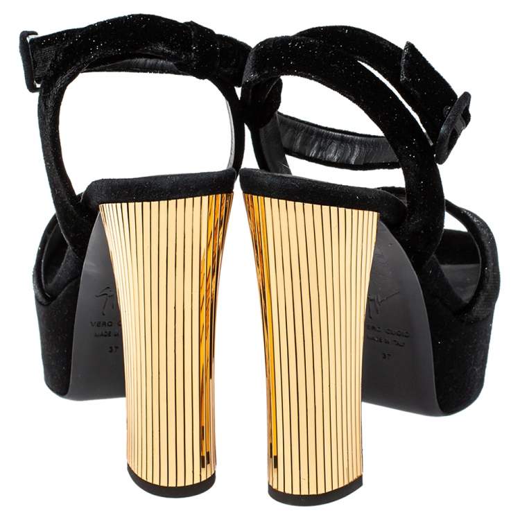 Pre Owned Giuseppe Zanotti Black Velvet Lavinia  Ankle Strap Platform Sandals Size 37