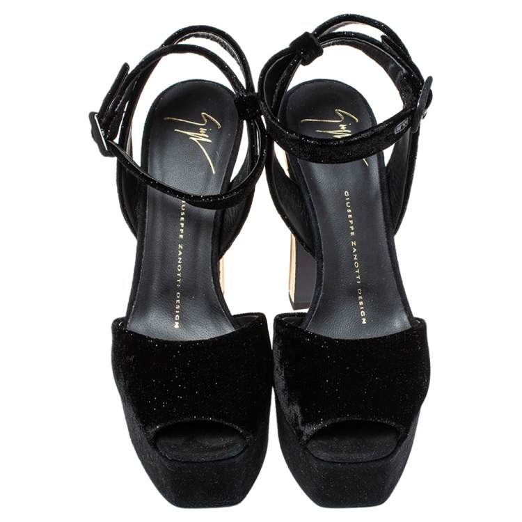 Pre Owned Giuseppe Zanotti Black Velvet Lavinia  Ankle Strap Platform Sandals Size 37