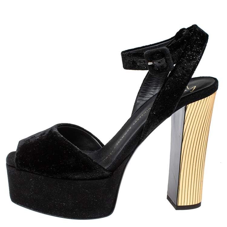 Pre Owned Giuseppe Zanotti Black Velvet Lavinia  Ankle Strap Platform Sandals Size 37