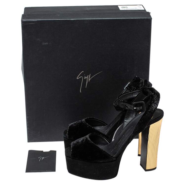 Pre Owned Giuseppe Zanotti Black Velvet Lavinia  Ankle Strap Platform Sandals Size 37