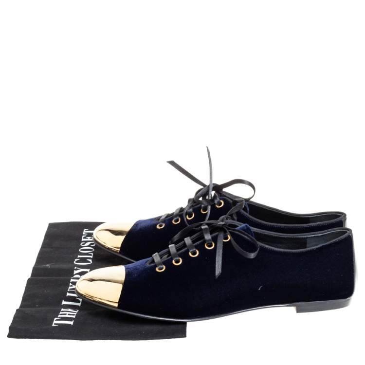 Pre Owned Giuseppe Zanotti Blue Velvet Gold Tone Cap Toe Oxford Flats Size 41