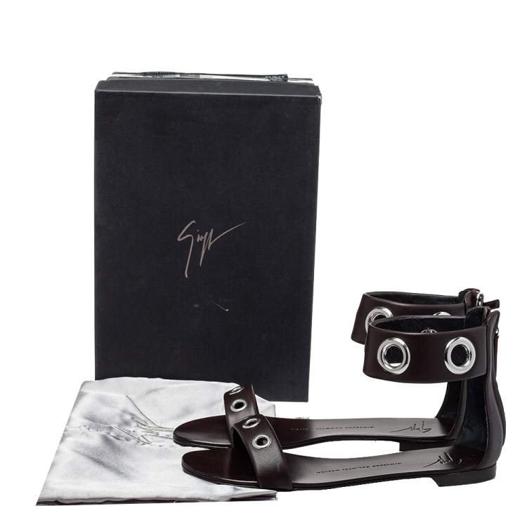 Pre Owned Giuseppe Zanotti Brown Leather Flat Ankle Cuff Sandals Size 38