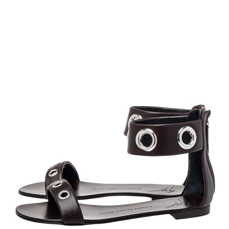 Pre Owned Giuseppe Zanotti Brown Leather Flat Ankle Cuff Sandals Size 38