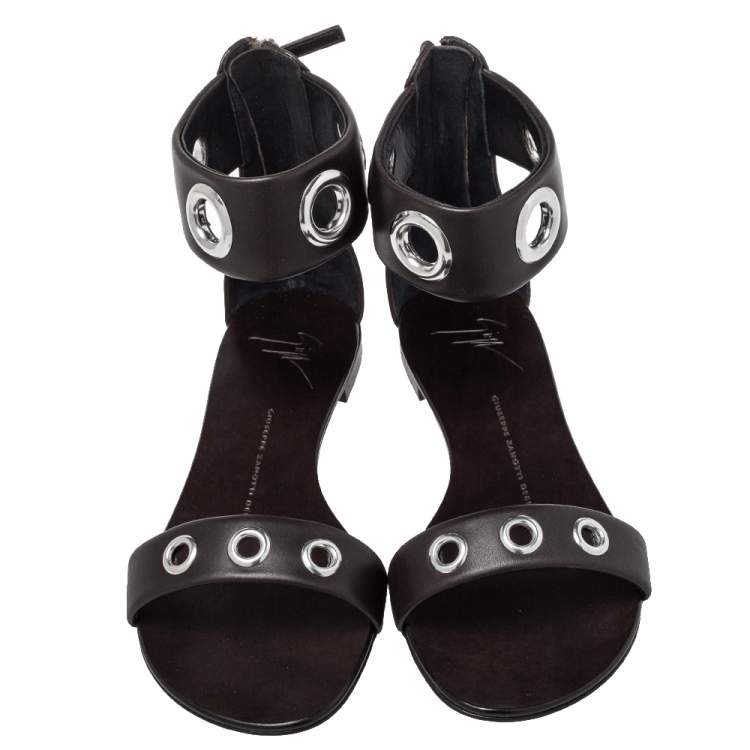Pre Owned Giuseppe Zanotti Brown Leather Flat Ankle Cuff Sandals Size 38