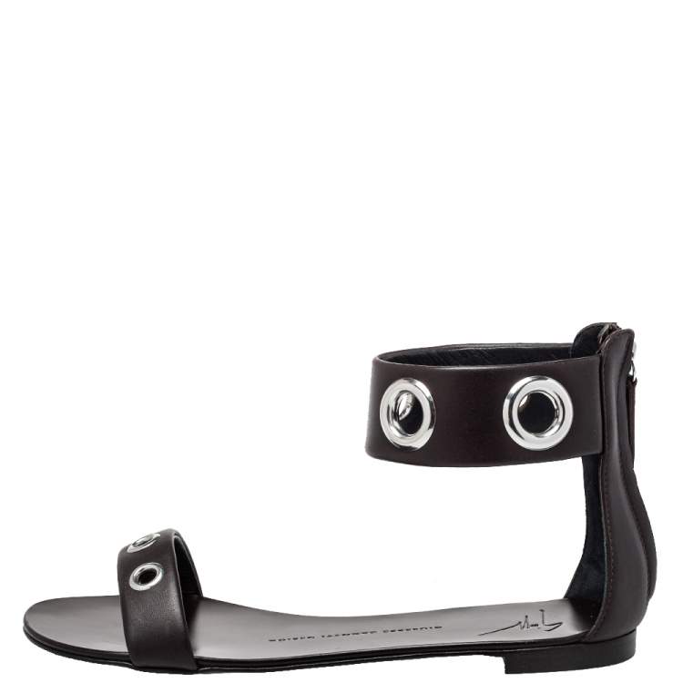 Pre Owned Giuseppe Zanotti Brown Leather Flat Ankle Cuff Sandals Size 38