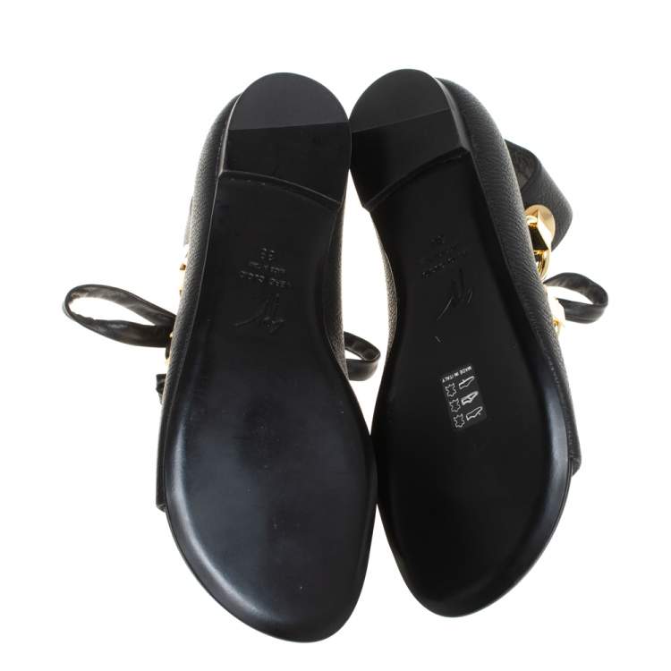 Pre Owned Giuseppe Zanotti Black Leather Flat Ankle Wrap Sandals Size 38