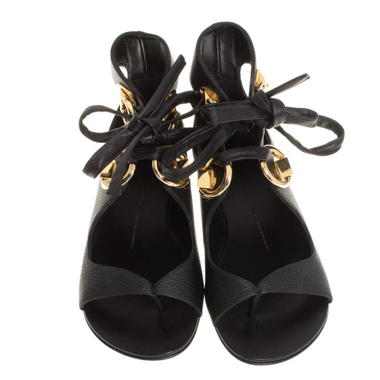 Pre Owned Giuseppe Zanotti Black Leather Flat Ankle Wrap Sandals Size 38