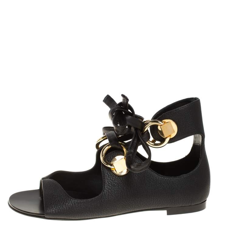 Pre Owned Giuseppe Zanotti Black Leather Flat Ankle Wrap Sandals Size 38