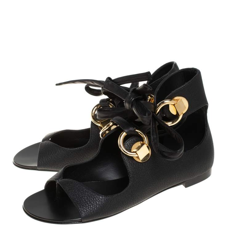 Pre Owned Giuseppe Zanotti Black Leather Flat Ankle Wrap Sandals Size 38