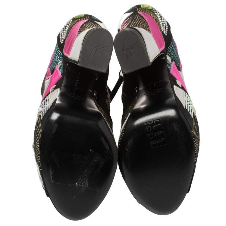 Pre Owned Giuseppe Zanotti Multicolor Suede And Leather Geometric Platform Ankle Booties Size 39