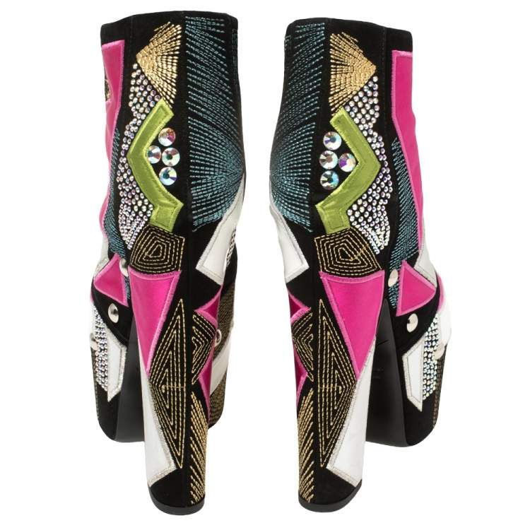 Pre Owned Giuseppe Zanotti Multicolor Suede And Leather Geometric Platform Ankle Booties Size 39