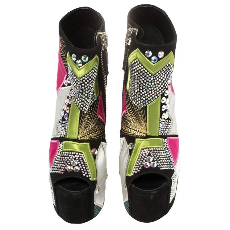 Pre Owned Giuseppe Zanotti Multicolor Suede And Leather Geometric Platform Ankle Booties Size 39