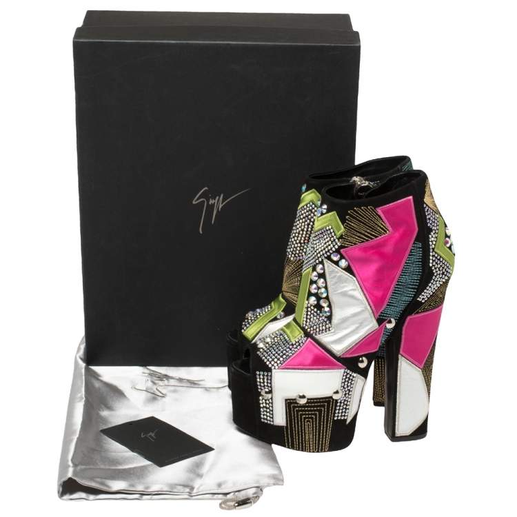 Pre Owned Giuseppe Zanotti Multicolor Suede And Leather Geometric Platform Ankle Booties Size 39