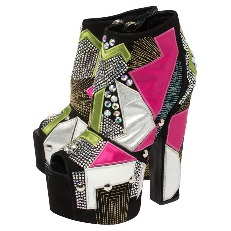 Pre Owned Giuseppe Zanotti Multicolor Suede And Leather Geometric Platform Ankle Booties Size 39