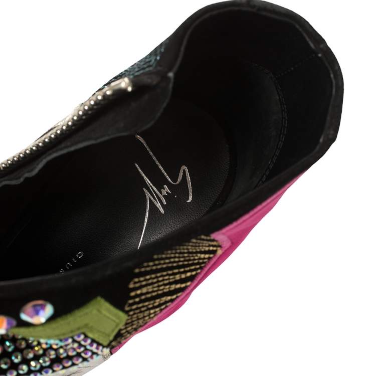 Pre Owned Giuseppe Zanotti Multicolor Suede And Leather Geometric Platform Ankle Booties Size 39