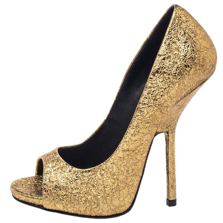 Pre Owned Giuseppe Zanotti Gold Leather Peep Toe Pumps Size 35