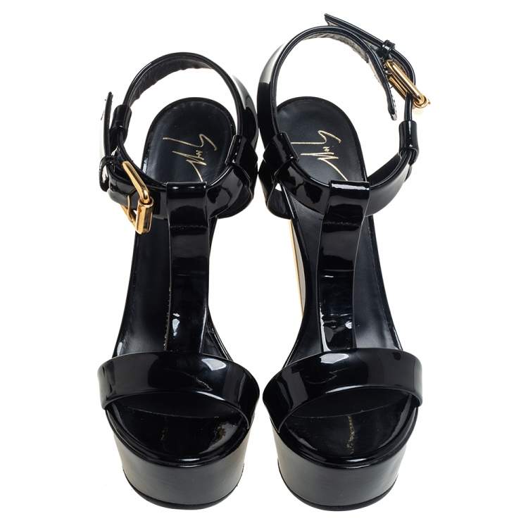 Pre Owned Giuseppe Zanotti Black Patent Leather T Strap Wedge Platform Sandals Size 37.5