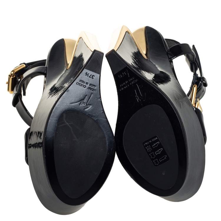 Pre Owned Giuseppe Zanotti Black Patent Leather T Strap Wedge Platform Sandals Size 37.5