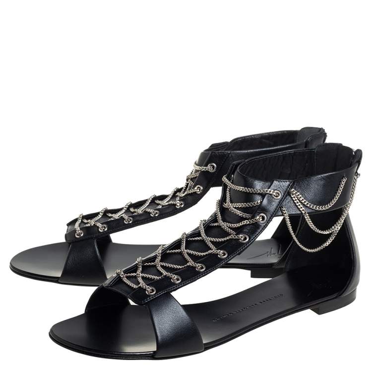 Pre Owned Giuseppe Zanotti Black Leather Roll Chain Detail Flat Sandals Size 41