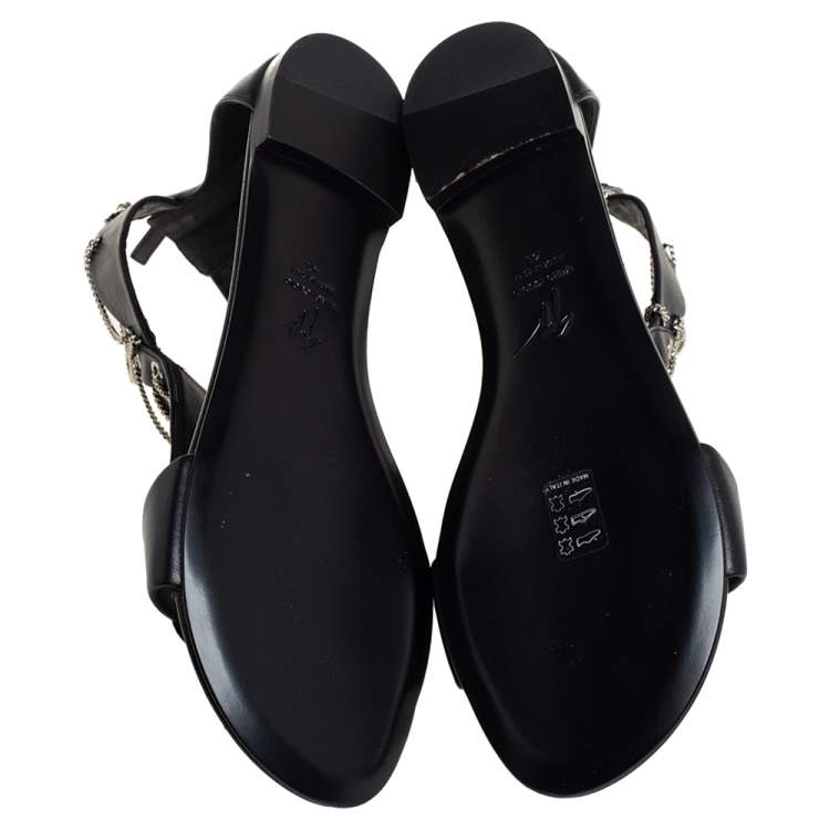 Pre Owned Giuseppe Zanotti Black Leather Roll Chain Detail Flat Sandals Size 41