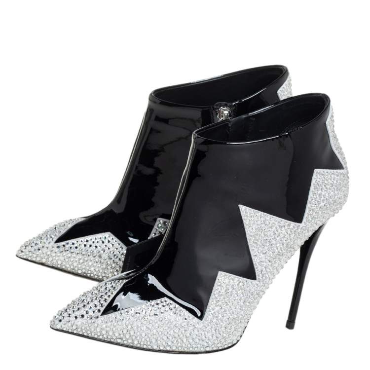Pre Owned Giuseppe Zanotti Black Patent Leather And Suede Crystal Zig Zag Patterned Booties Size 36.5