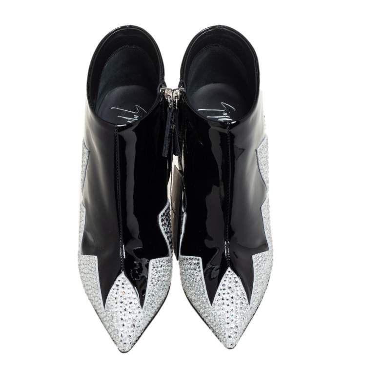 Pre Owned Giuseppe Zanotti Black Patent Leather And Suede Crystal Zig Zag Patterned Booties Size 36.5