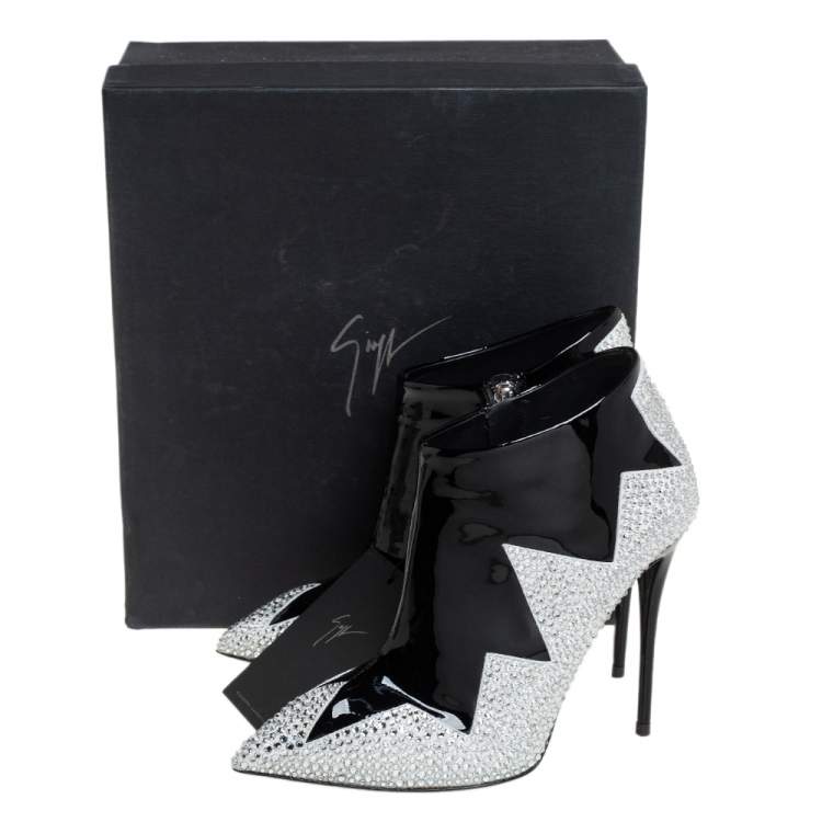 Pre Owned Giuseppe Zanotti Black Patent Leather And Suede Crystal Zig Zag Patterned Booties Size 36.5