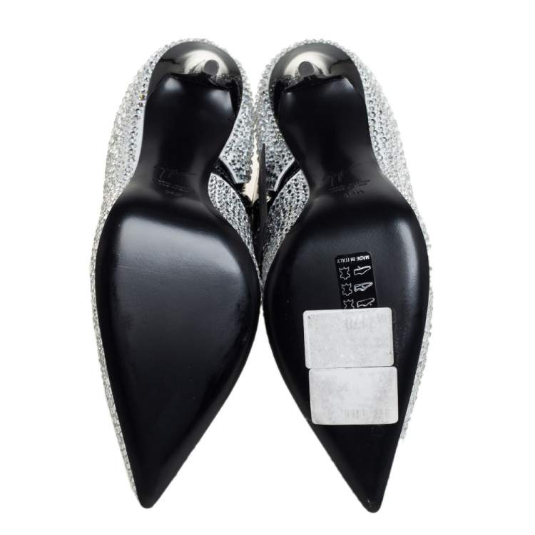 Pre Owned Giuseppe Zanotti Black Patent Leather And Suede Crystal Zig Zag Patterned Booties Size 36.5