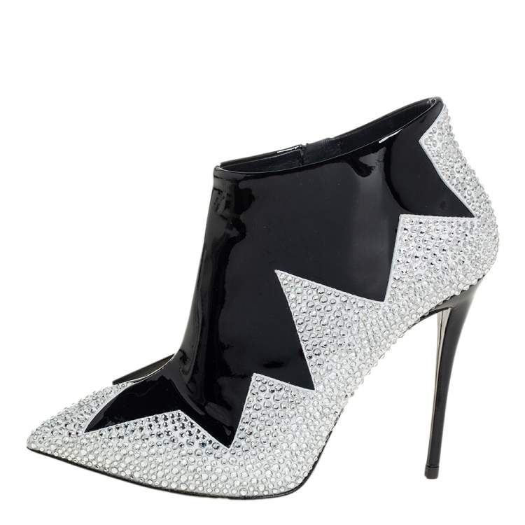 Pre Owned Giuseppe Zanotti Black Patent Leather And Suede Crystal Zig Zag Patterned Booties Size 36.5
