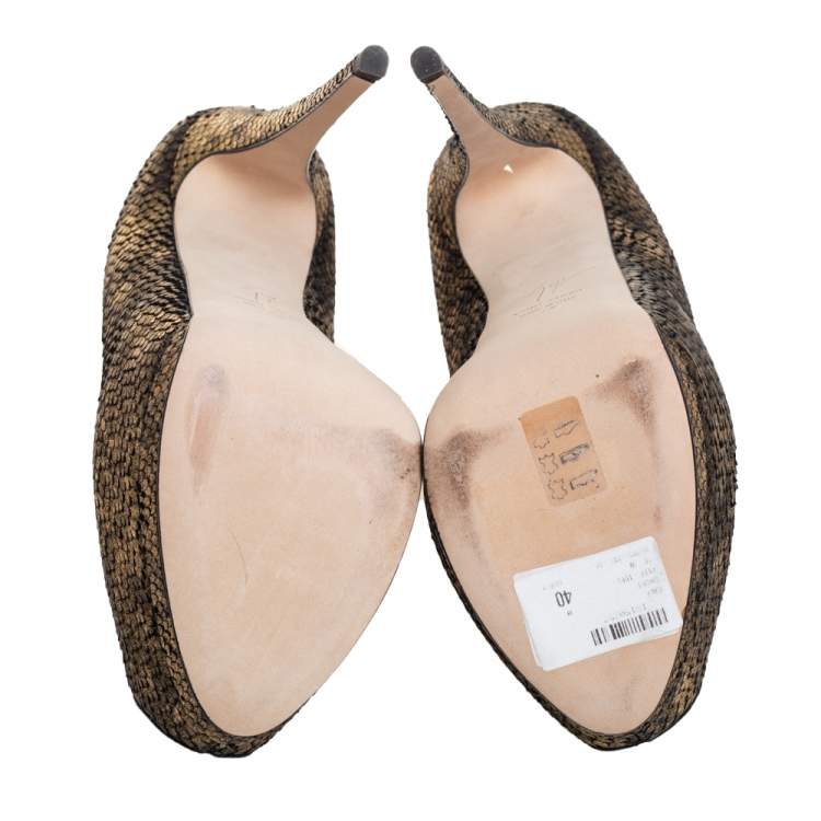 Pre Owned Giuseppe Zanotti Metallic Gold Python Embossed Leather Peep Toe Platform Pumps Size 40