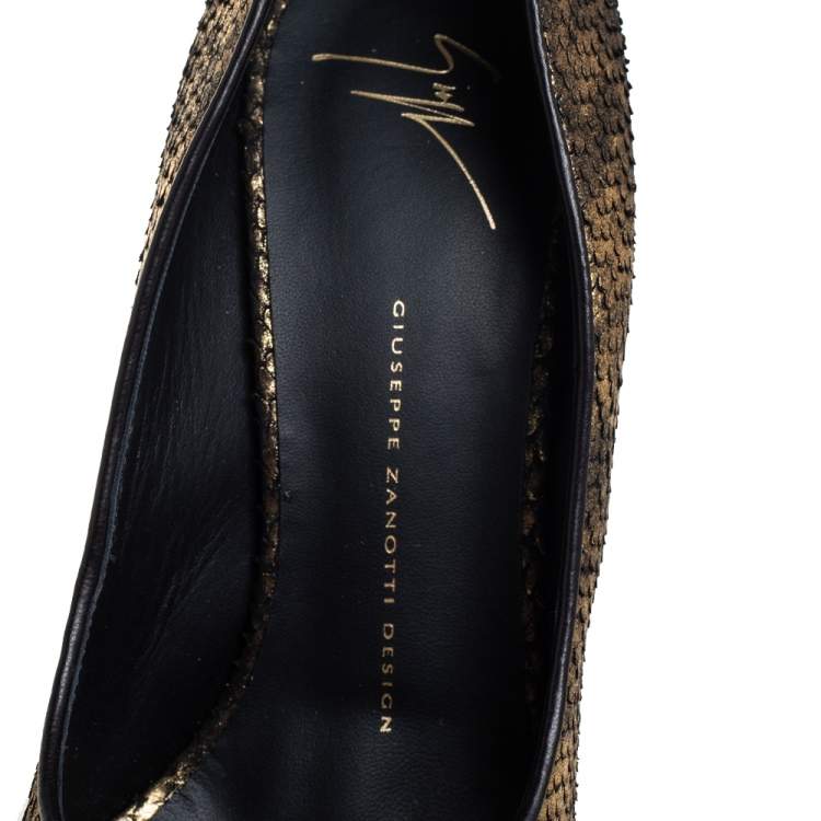 Pre Owned Giuseppe Zanotti Metallic Gold Python Embossed Leather Peep Toe Platform Pumps Size 40