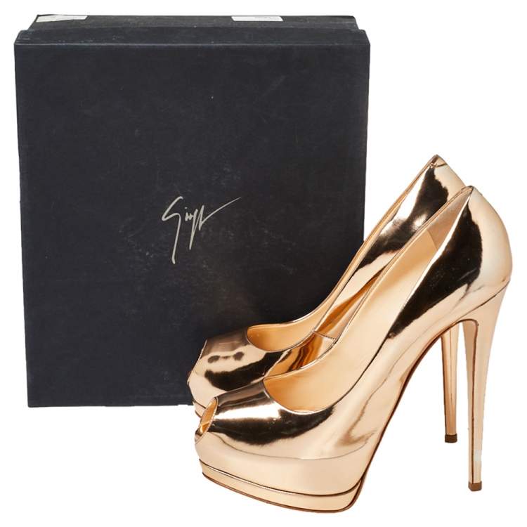Pre Owned Giuseppe Zanotti Gold Mirrored Leather Peep Toe Platform Pumps Size 41