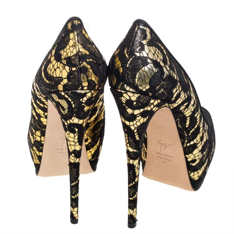 Pre Owned Giuseppe Zanotti Black/Gold Leather and Lace Peep Toe Platform Pumps Size 41