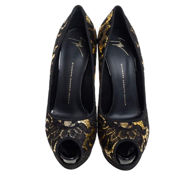 Pre Owned Giuseppe Zanotti Black/Gold Leather and Lace Peep Toe Platform Pumps Size 41