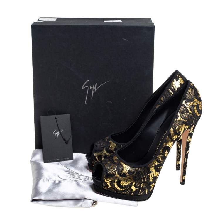Pre Owned Giuseppe Zanotti Black/Gold Leather and Lace Peep Toe Platform Pumps Size 41