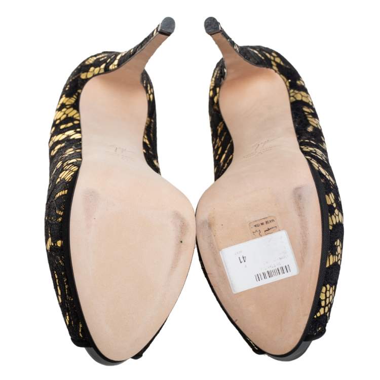 Pre Owned Giuseppe Zanotti Black/Gold Leather and Lace Peep Toe Platform Pumps Size 41