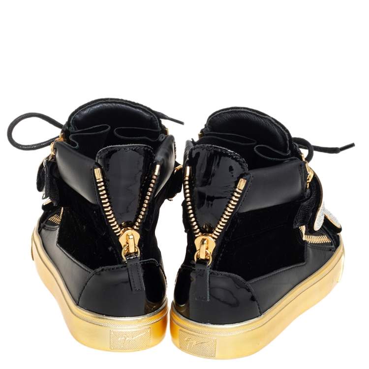 Pre Owned Giuseppe Zanotti Black Patent Leather and Velvet Crystal Strap High Top Sneakers Size 35