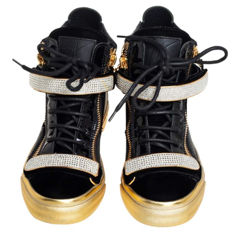 Pre Owned Giuseppe Zanotti Black Patent Leather and Velvet Crystal Strap High Top Sneakers Size 35