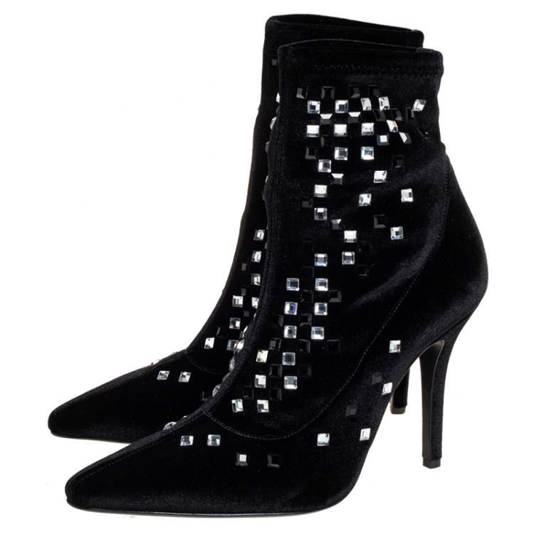 Pre Owned Giuseppe Zanotti Black Velvet Embellished Boots Size 37