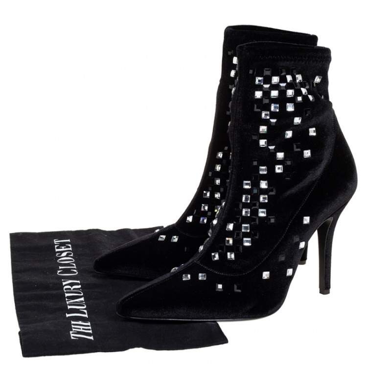 Pre Owned Giuseppe Zanotti Black Velvet Embellished Boots Size 37