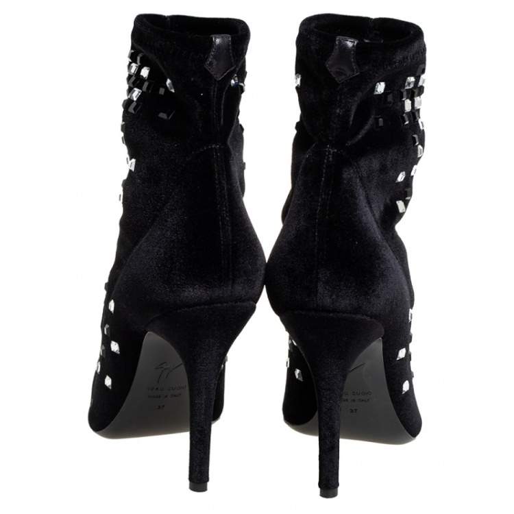 Pre Owned Giuseppe Zanotti Black Velvet Embellished Boots Size 37