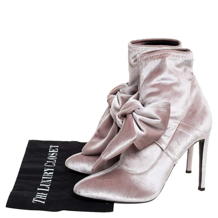 Pre Owned Giuseppe Zanotti Beige Velvet Bow Detail Ankle Boots Size 39.5
