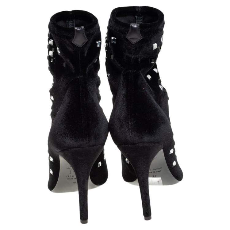 Pre Owned Giuseppe Zanotti Black Velvet Crystal Embellished Ankle Boots Size 36