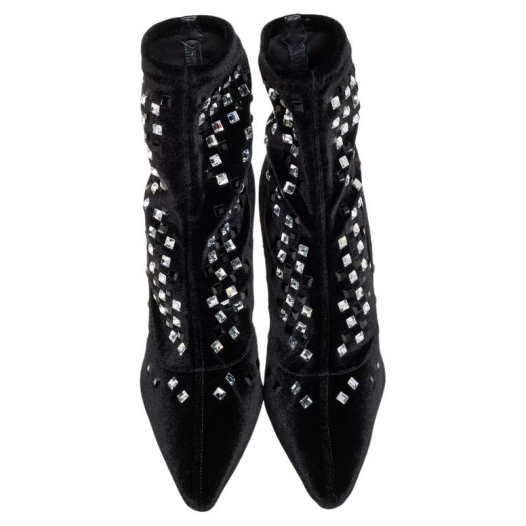 Pre Owned Giuseppe Zanotti Black Velvet Crystal Embellished Ankle Boots Size 36